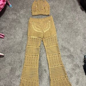 Knit Crochet High-Waist Flared Pants in Mustard With Matching Halter Top